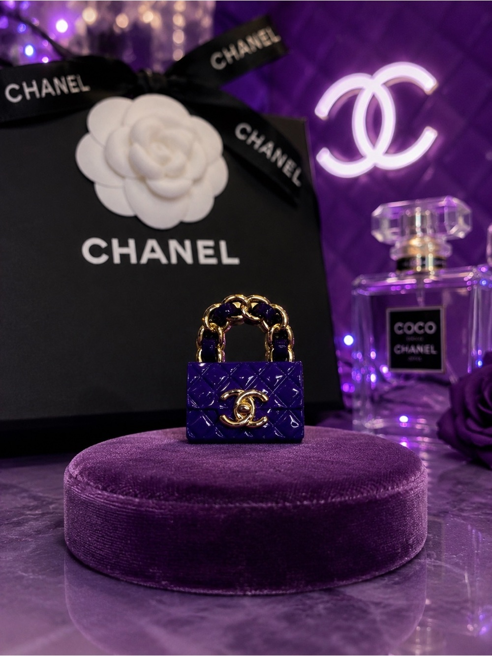 Chanel stamped mini Quilted Top Handle Charm pendant /zipper pull in Deep Purple